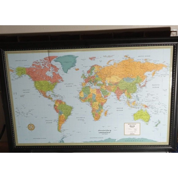 Laminated Rand McNally Modern World Map Genuine Black Wood Frame 33"wx22h - Picture 2 of 12